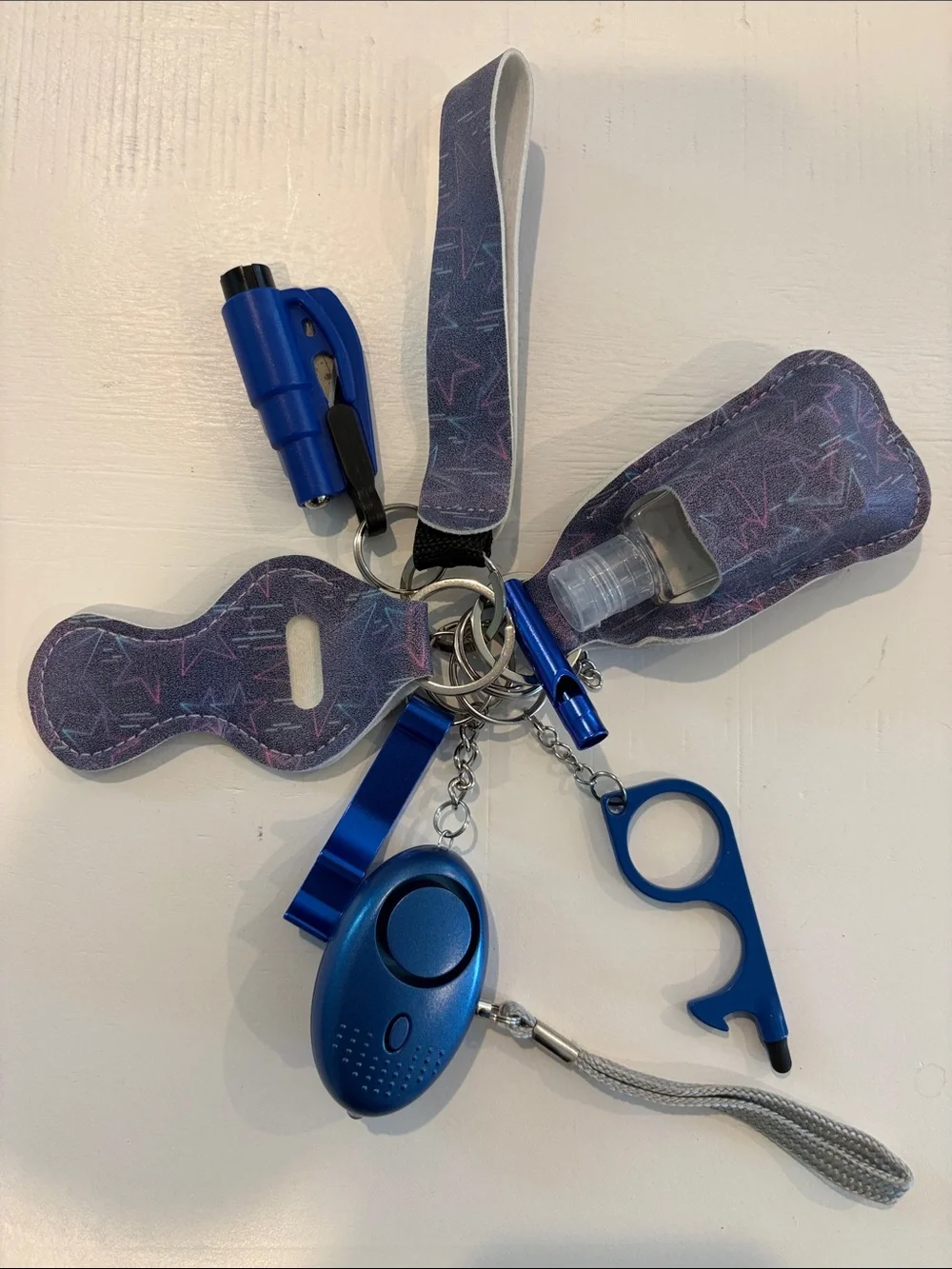 Blue Safety Keychain Set with Patterned Wristlet & Hand Sanitizer Plastic Bottle